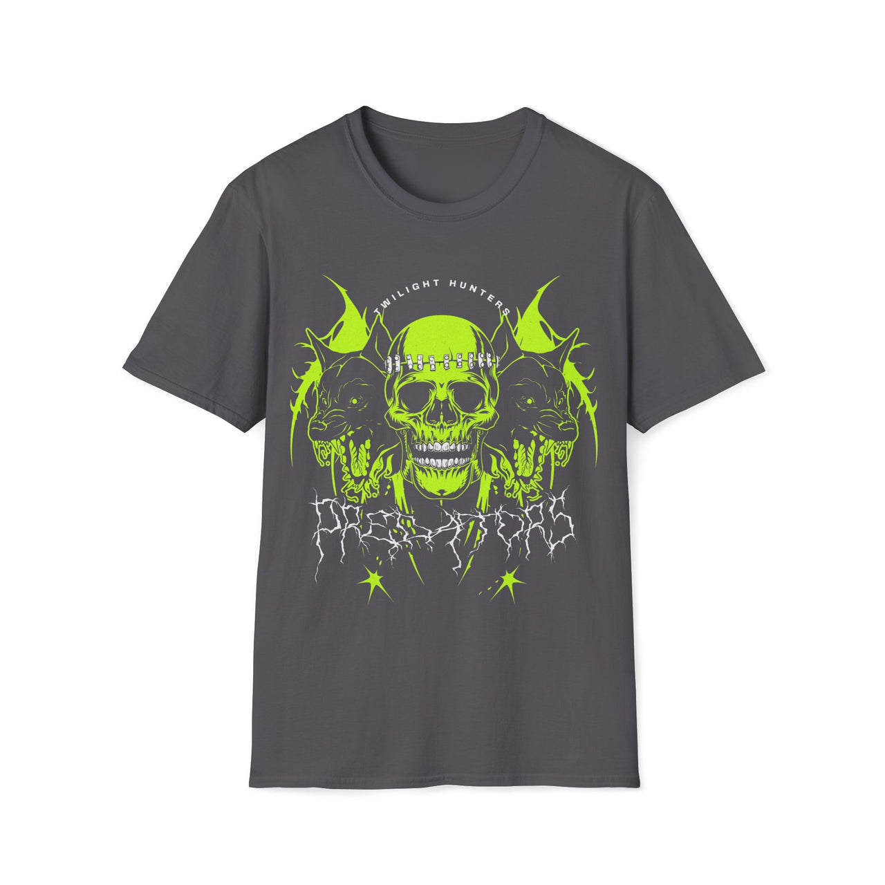 Macabre Threads Charcoal Twilight Hunters Skull and Wolf T Shirt – Gothic Neon Skull Graphic Tee