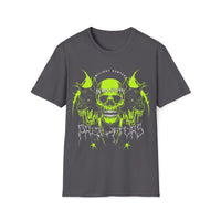 Macabre Threads Charcoal Twilight Hunters Skull and Wolf T Shirt – Gothic Neon Skull Graphic Tee