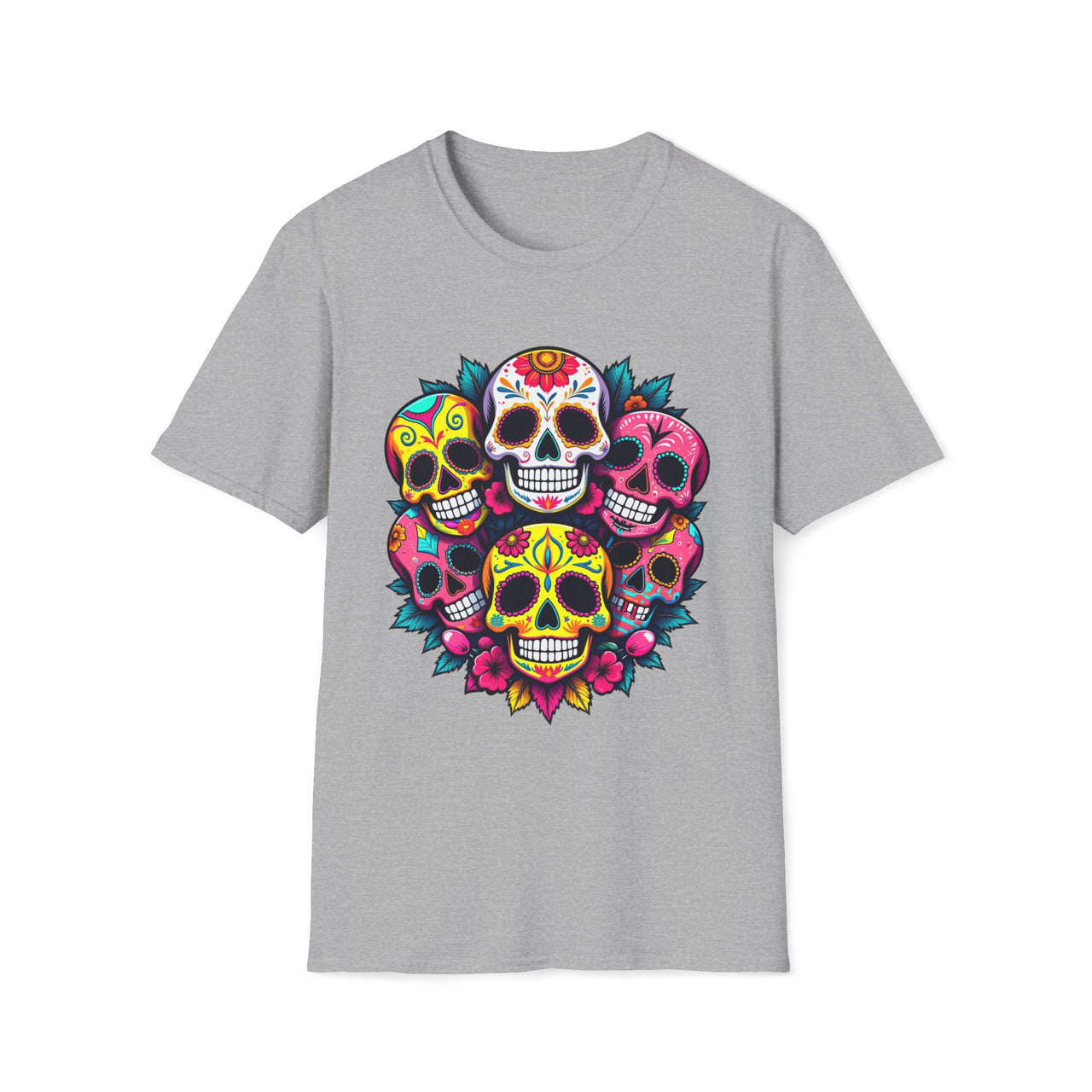 Macabre Threads Sport Grey Candy Skulls Sugar Skull T Shirt – Día de los Muertos Graphic Tee