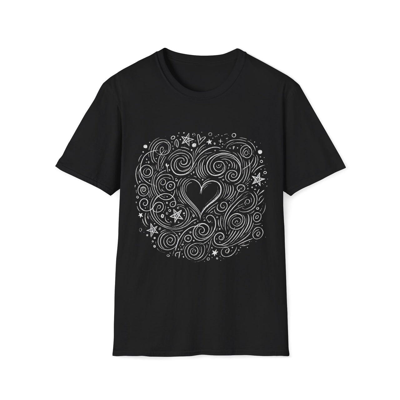 Macabre Threads Black Chaotic Heart T-Shirt – Whimsical Gothic Doodle Tee