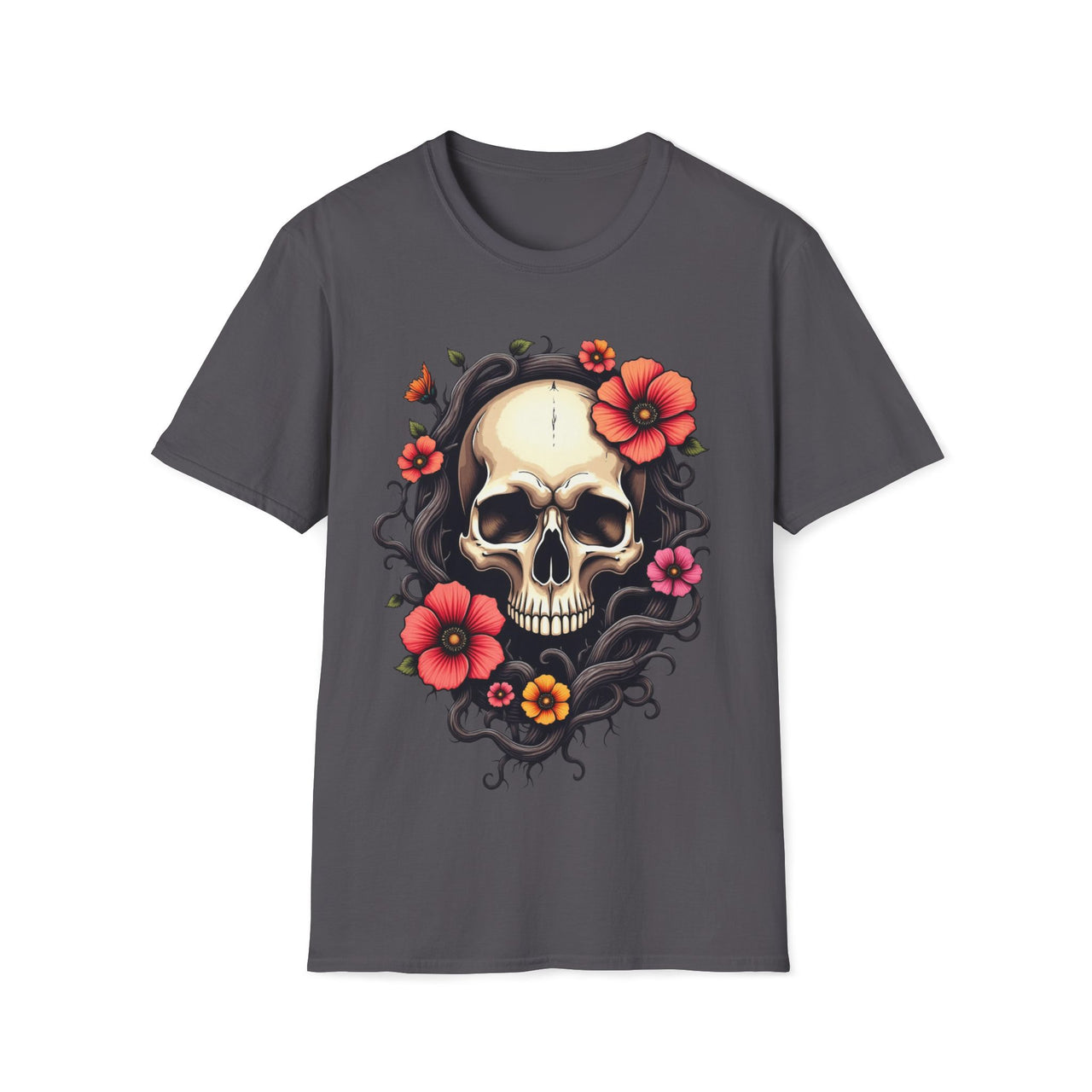 Macabre Threads Charcoal Vivid Skull – Skull with Flowers Shirt