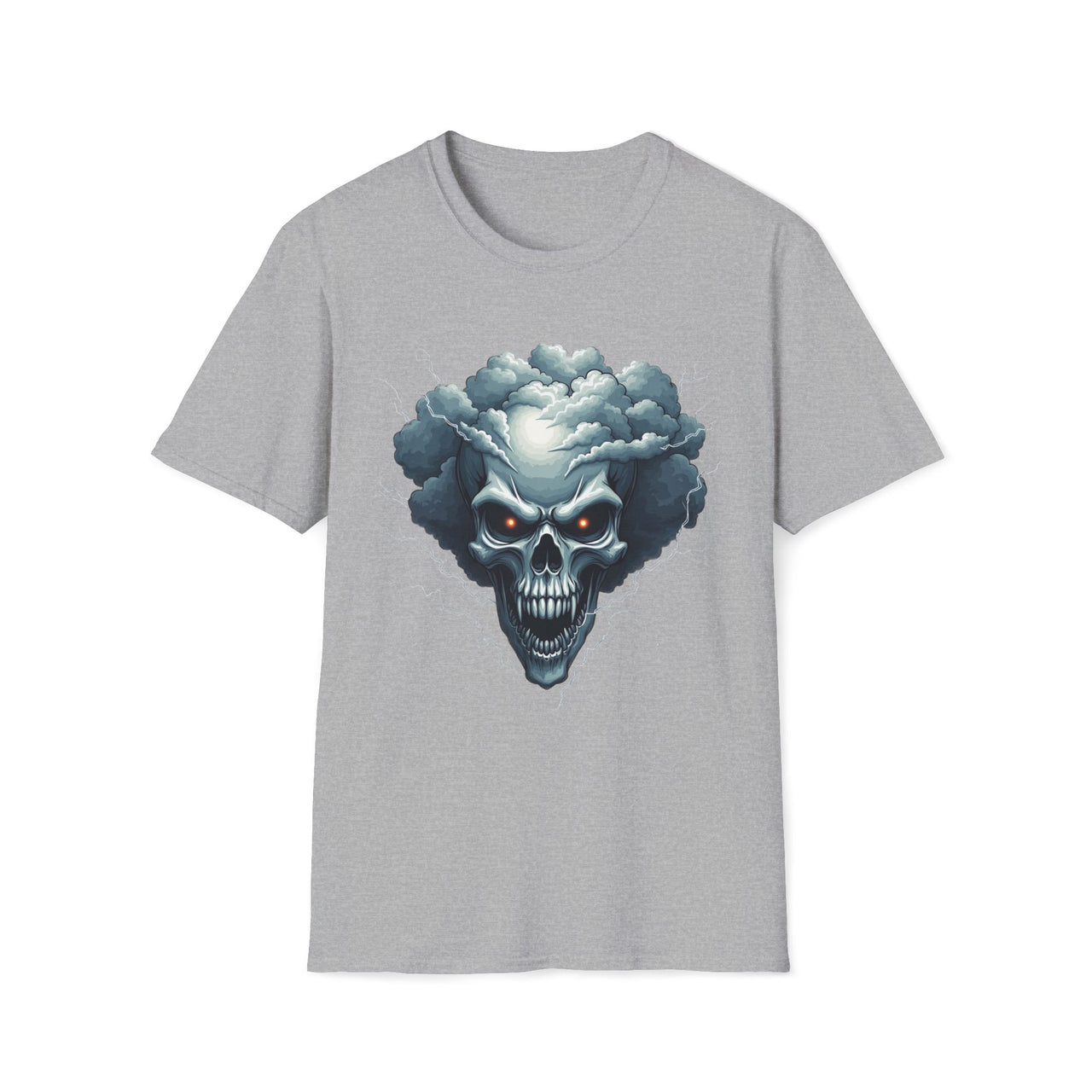 Macabre Threads Sport Grey Skull Storm Lightning Skull T Shirt – Gothic Thunder Skull Tee