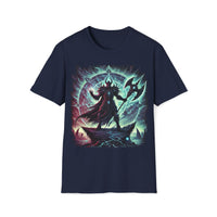 Macabre Threads Navy Dark Champion T-Shirt – Gothic Warrior with Axe Design
