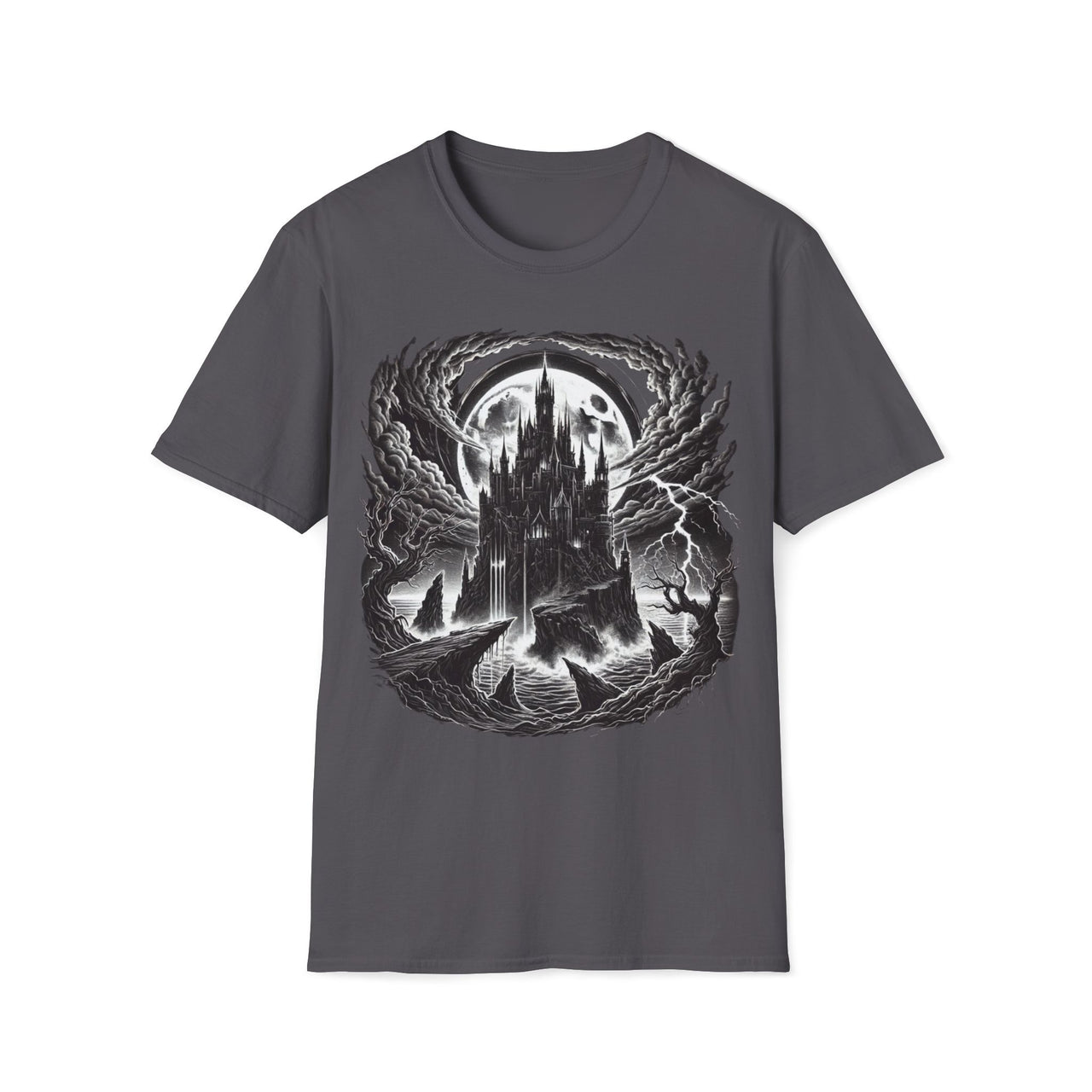 Macabre Threads Charcoal Citadel Of Shadows - Gothic Castle In Storm Tee