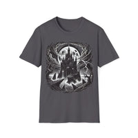 Macabre Threads Charcoal Citadel Of Shadows - Gothic Castle In Storm Tee