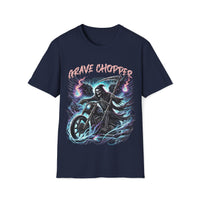 Macabre Threads Navy Grave Chopper – Grim Reaper Motorcycle T-Shirt