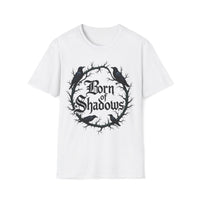 Macabre Threads White Shadow Born T-Shirt – Gothic Typography and Crow Design