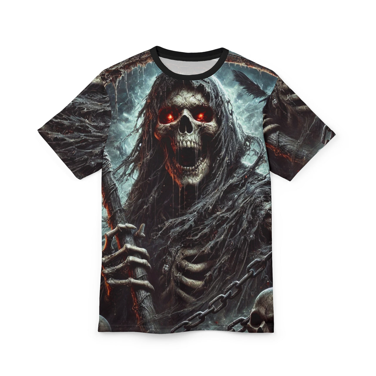 Macabre Threads Black stitching Harbinger of Doom All-Over Print T-Shirt – Grim Reaper Storm Tee