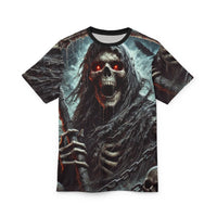 Macabre Threads Black stitching Harbinger of Doom All-Over Print T-Shirt – Grim Reaper Storm Tee