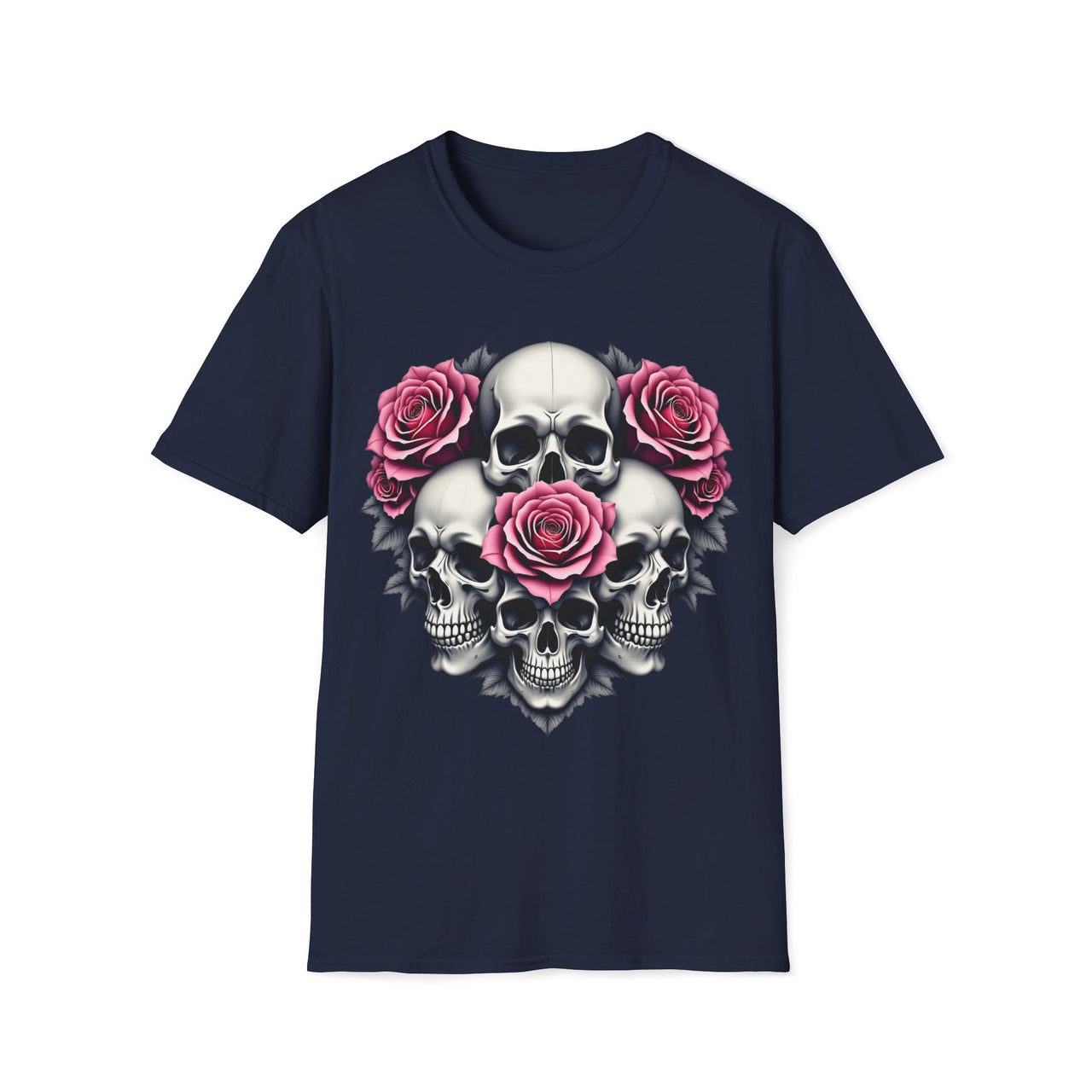 Macabre Threads Navy Fractal Fusion – Floral Skull Shirt