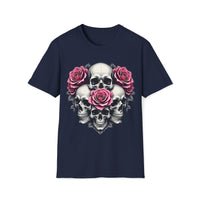 Macabre Threads Navy Fractal Fusion – Floral Skull Shirt