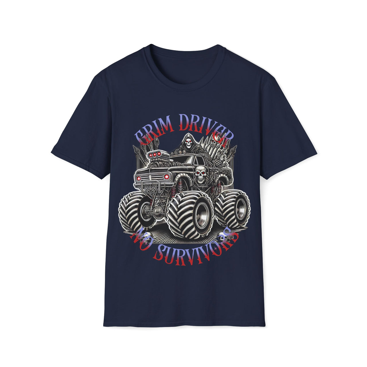 Macabre Threads Navy Grim Driver – Monster Truck Reaper Tee