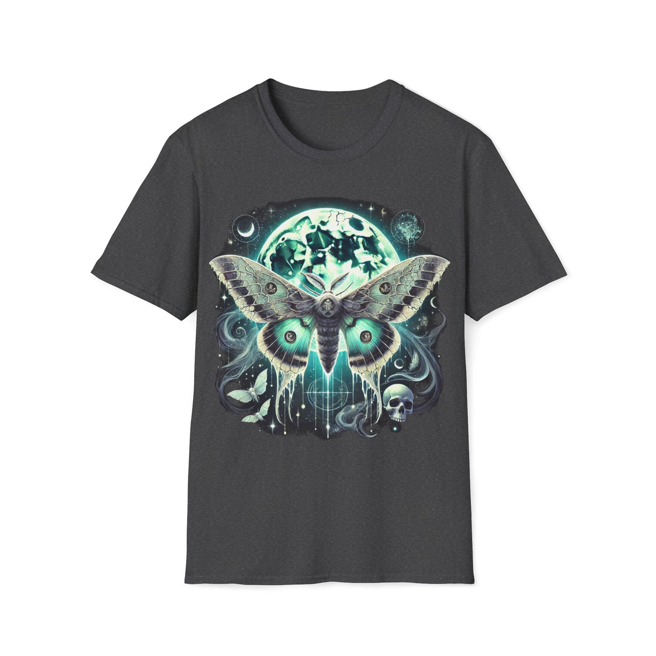 Macabre Threads Dark Heather Lunar Mothrise – Gothic Moon Moth T-Shirt