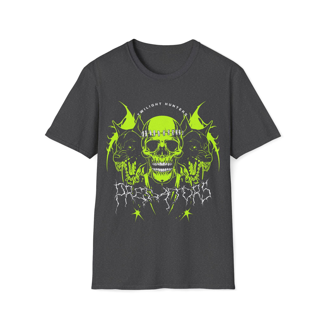 Macabre Threads Dark Heather Twilight Hunters Skull and Wolf T Shirt – Gothic Neon Skull Graphic Tee