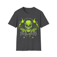 Macabre Threads Dark Heather Twilight Hunters Skull and Wolf T Shirt – Gothic Neon Skull Graphic Tee