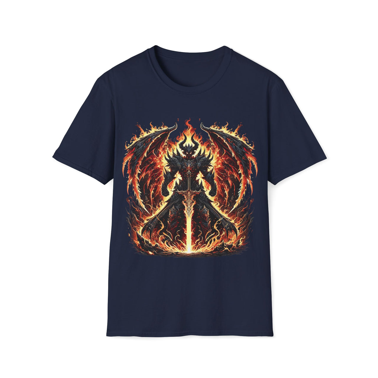 Macabre Threads Navy Infernal Overlord T-Shirt – Demonic Warrior in Flames