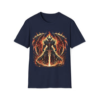 Macabre Threads Navy Infernal Overlord T-Shirt – Demonic Warrior in Flames