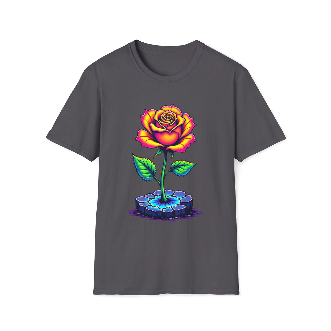 Macabre Threads Charcoal Aurora Blossom T-Shirt – Neon Rose Graphic Tee