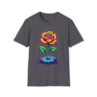 Macabre Threads Charcoal Aurora Blossom T-Shirt – Neon Rose Graphic Tee