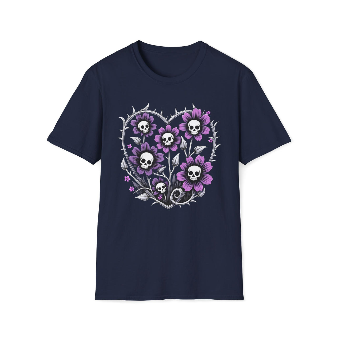 Macabre Threads Navy Grim Blooms – Skull Flower T-Shirt