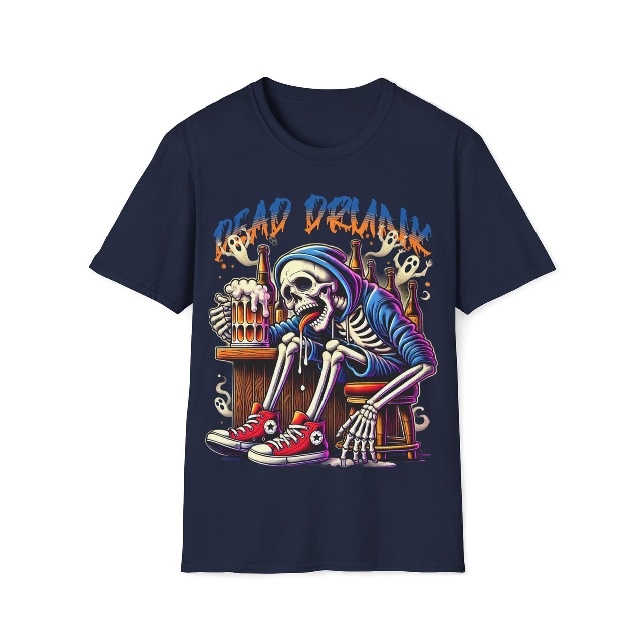 Macabre Threads Navy Dead Drunk – Skeleton Drinking T-Shirt