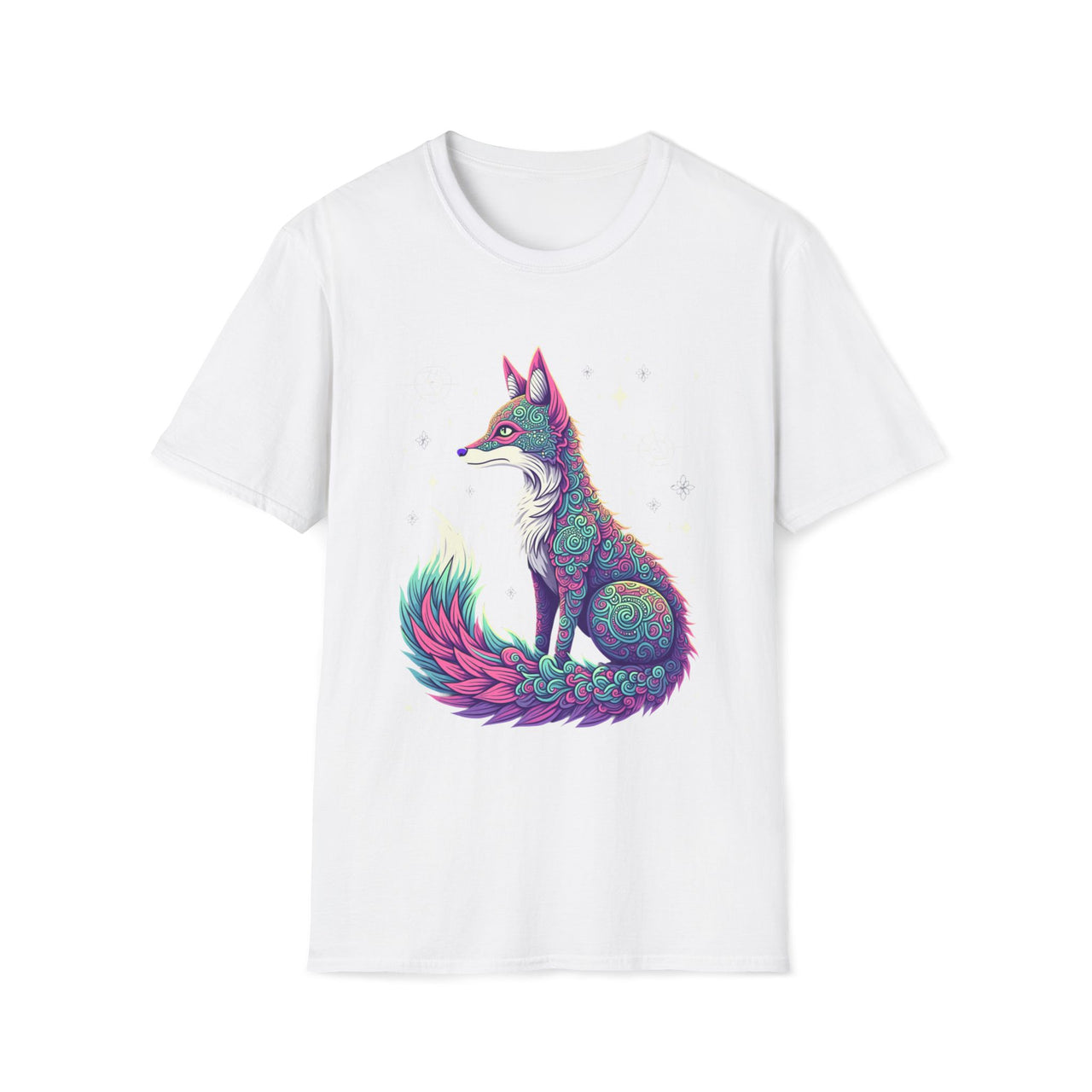 Macabre Threads White Cosmic Fox T-Shirt – Mystical Neon Fox Graphic Tee