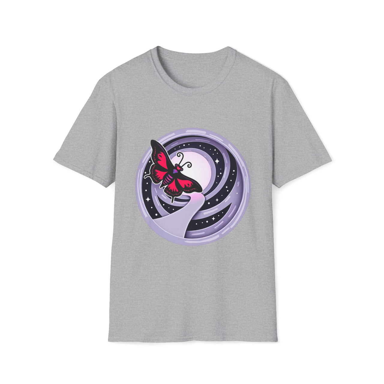 Macabre Threads Sport Grey Mystical Flight T-Shirt – Gothic Butterfly Moon Graphic Tee