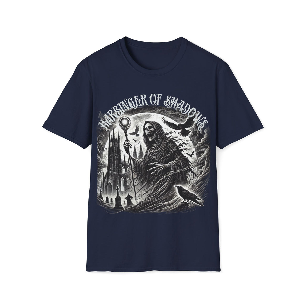 Macabre Threads Navy Harbinger of Shadows – Gothic Reaper T-Shirt With Staff