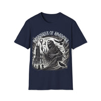 Macabre Threads Navy Harbinger of Shadows – Gothic Reaper T-Shirt With Staff