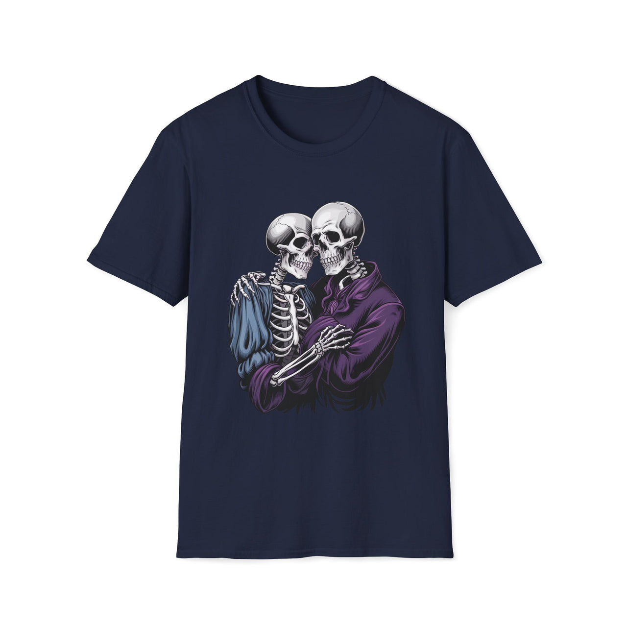 Macabre Threads Navy Eternal Embrace T-Shirt – Gothic Skeleton Love Tee