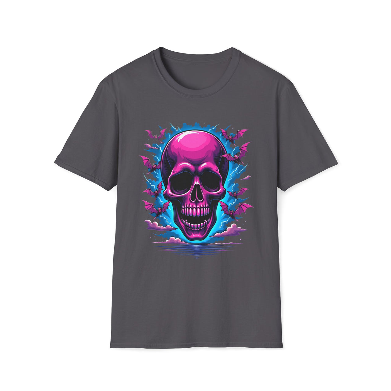 Macabre Threads Charcoal Bat Swirl Skull T Shirt – Neon Gothic Bat Skull Tee