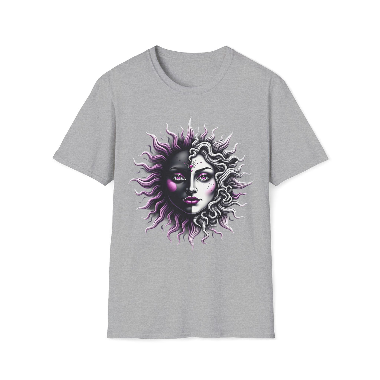 Macabre Threads Sport Grey Gothic Celestials T-Shirt – Sun and Moon Face Graphic Tee