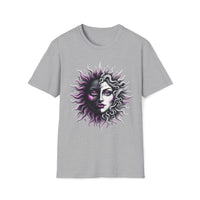 Macabre Threads Sport Grey Gothic Celestials T-Shirt – Sun and Moon Face Graphic Tee