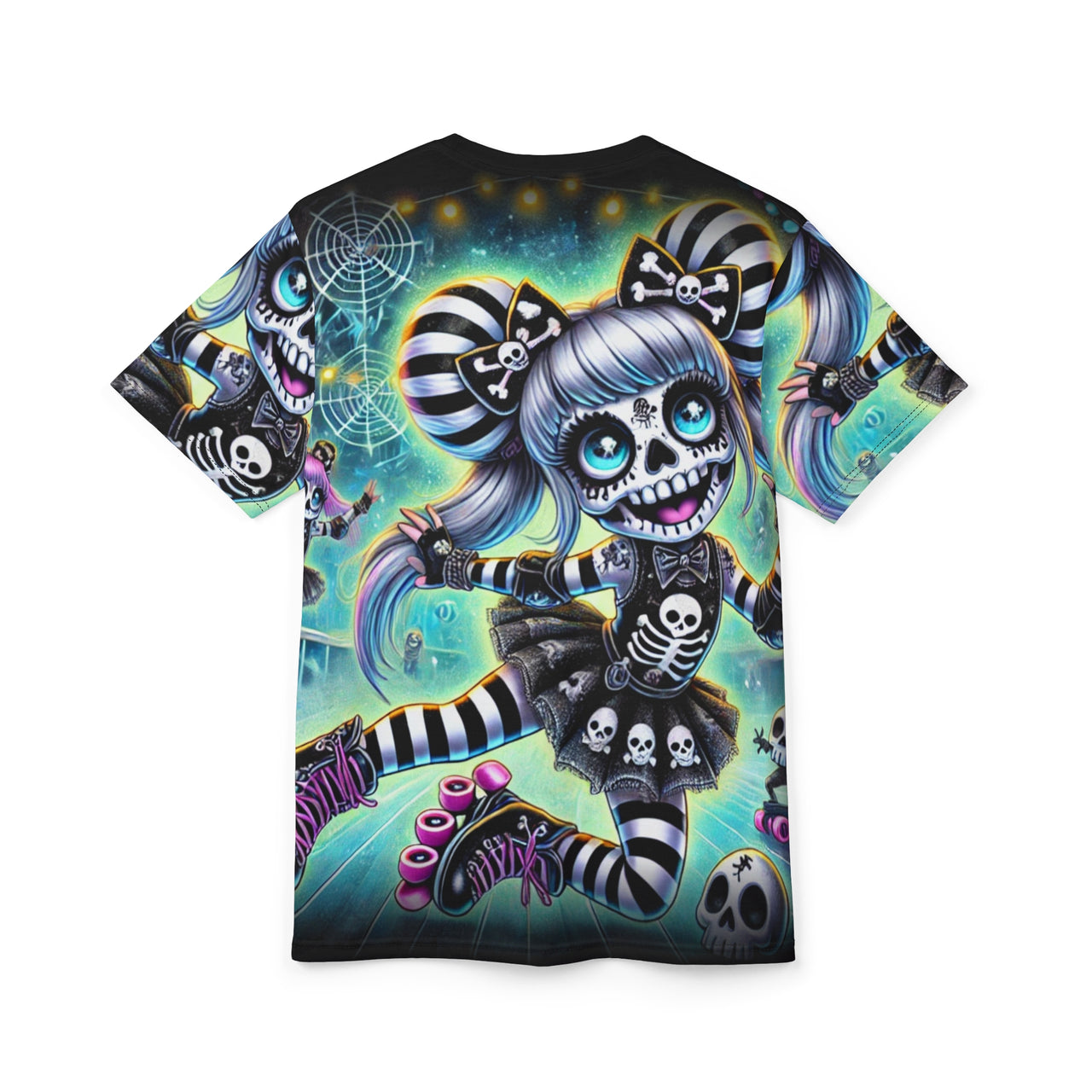 Macabre Threads Skelly Skater All-Over Print T-Shirt – Roller-Derby Skull Princess Tee