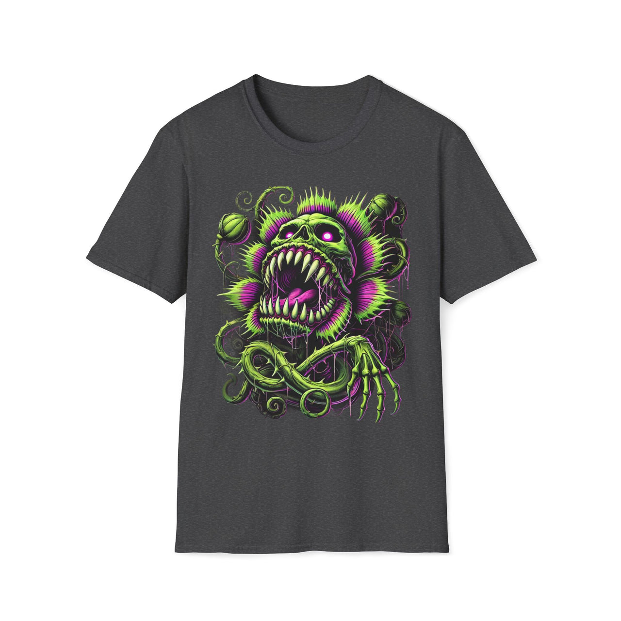 Macabre Threads Dark Heather Gravevine Maw T-Shirt – Neon Skull Plant Monster Design
