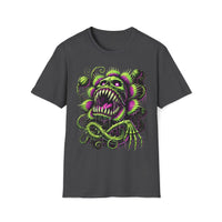 Macabre Threads Dark Heather Gravevine Maw T-Shirt – Neon Skull Plant Monster Design
