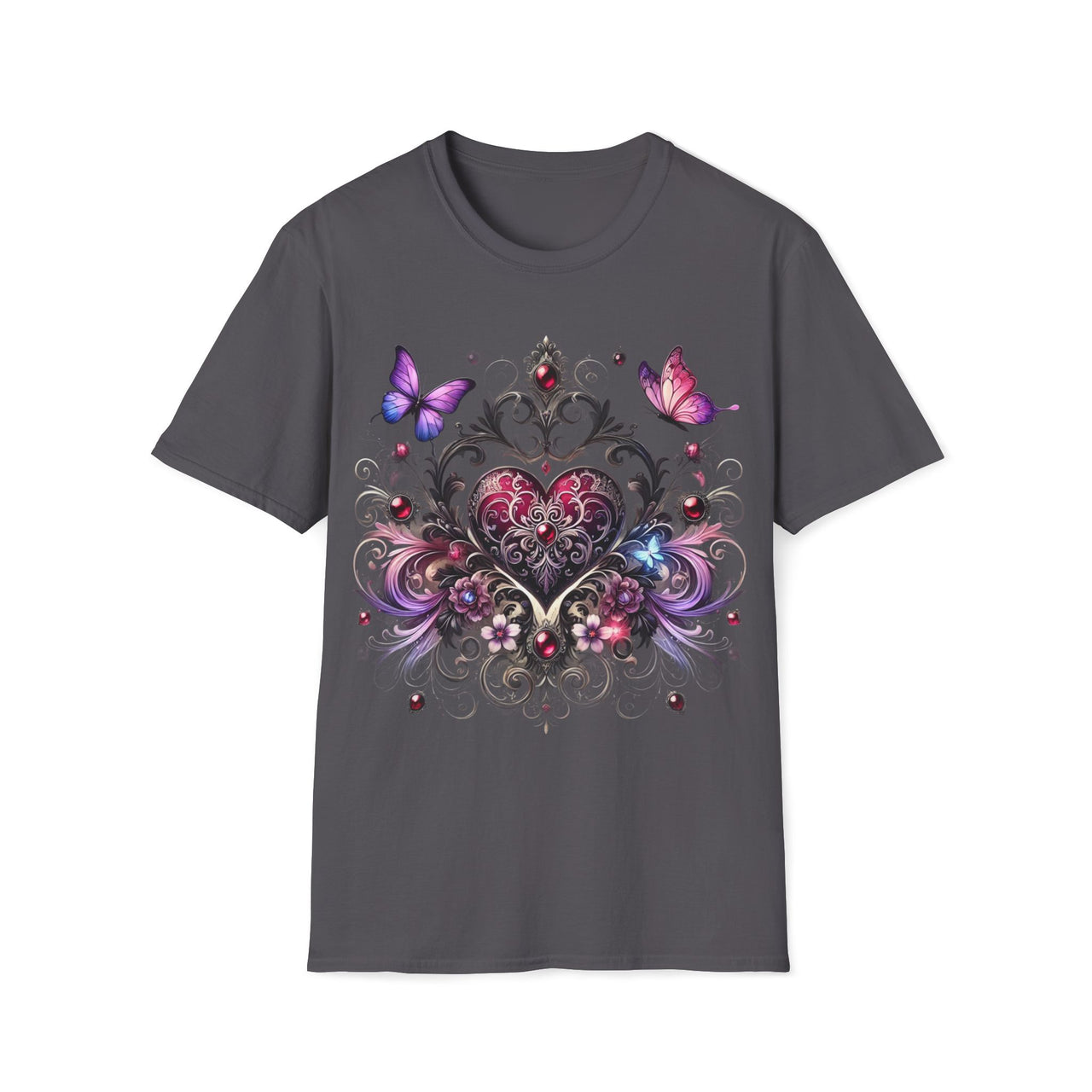 Macabre Threads Charcoal Elegant Heart T-Shirt – Gothic Romance Butterfly Tee