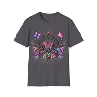 Macabre Threads Charcoal Elegant Heart T-Shirt – Gothic Romance Butterfly Tee