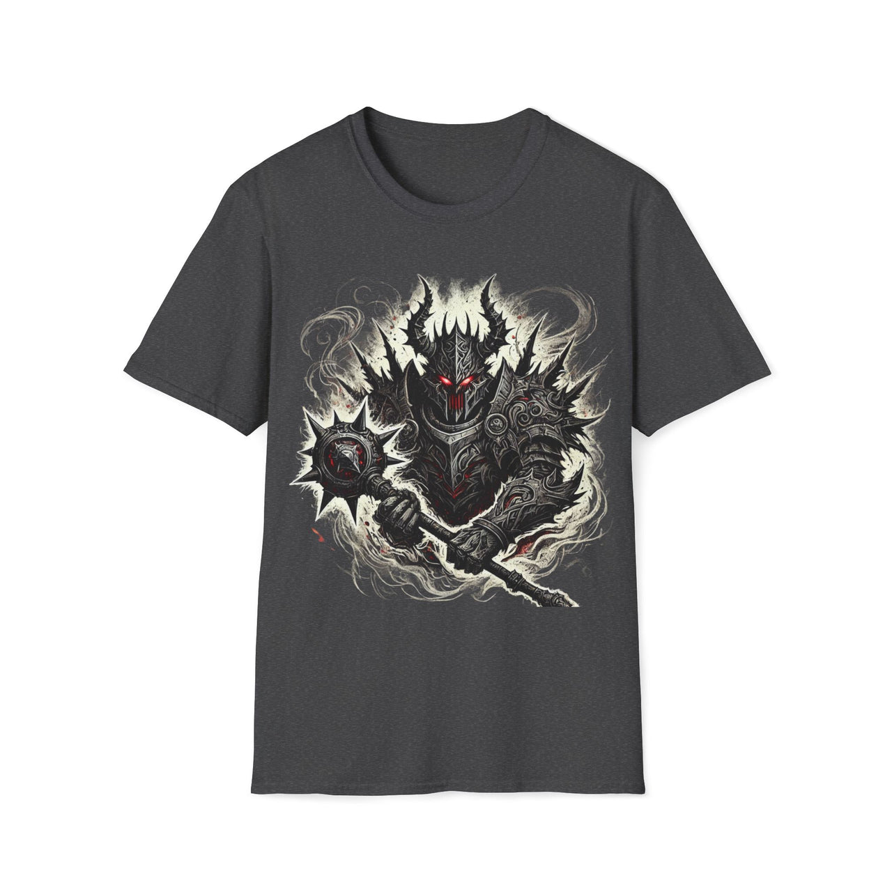 Macabre Threads Dark Heather Knight Fury T-Shirt – Gothic Dark Knight with Mace Design