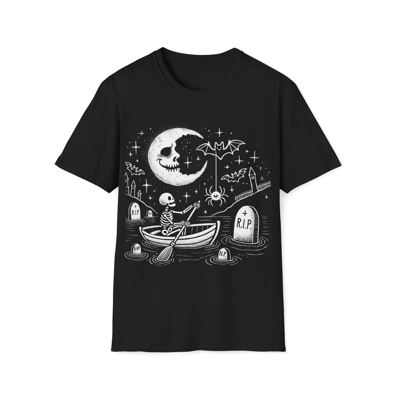 Macabre Threads Black Graveyard Drift T-Shirt – Whimsical Gothic Skeleton Boat Design