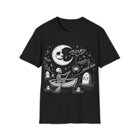 Macabre Threads Black Graveyard Drift T-Shirt – Whimsical Gothic Skeleton Boat Design