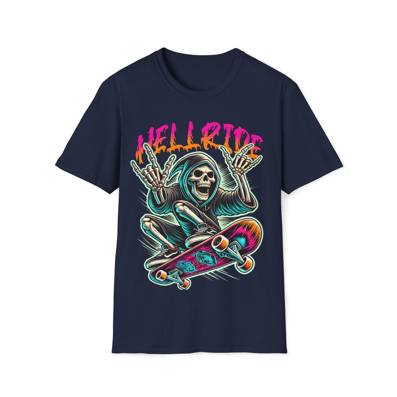 Macabre Threads Navy Hellride – Grim Reaper Skateboard T-Shirt