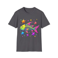 Macabre Threads Charcoal Neon Filament T-Shirt – Psychedelic Fish Skeleton Design