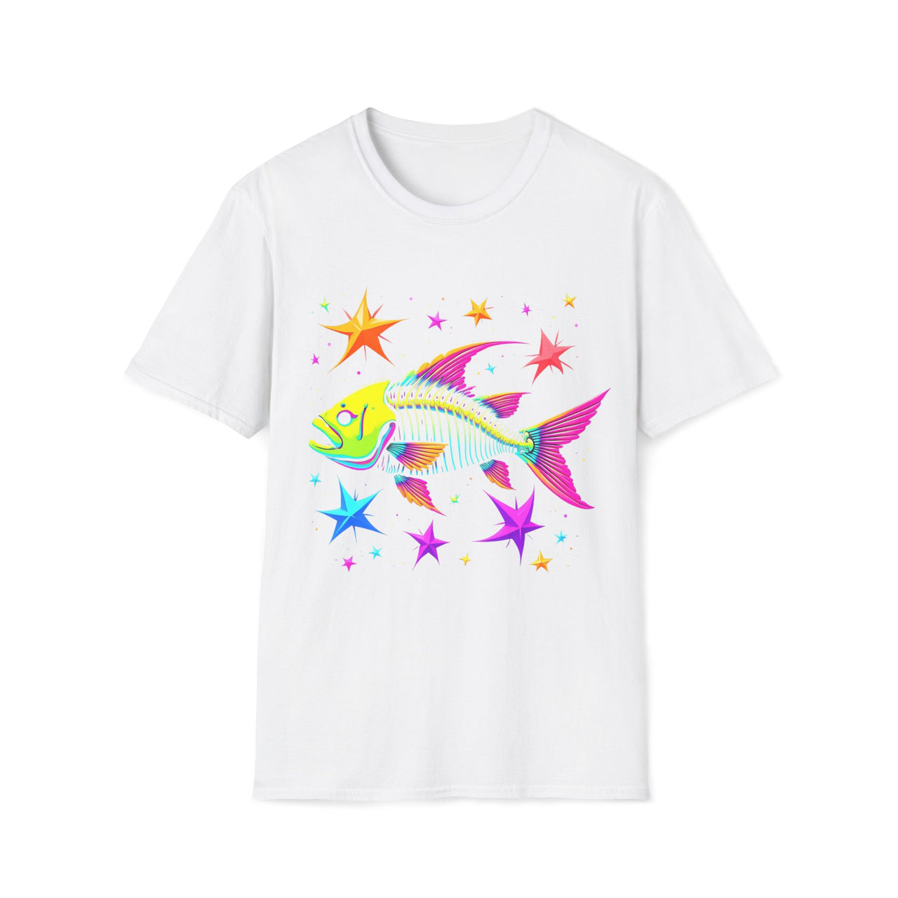 Macabre Threads White Neon Filament T-Shirt – Psychedelic Fish Skeleton Design