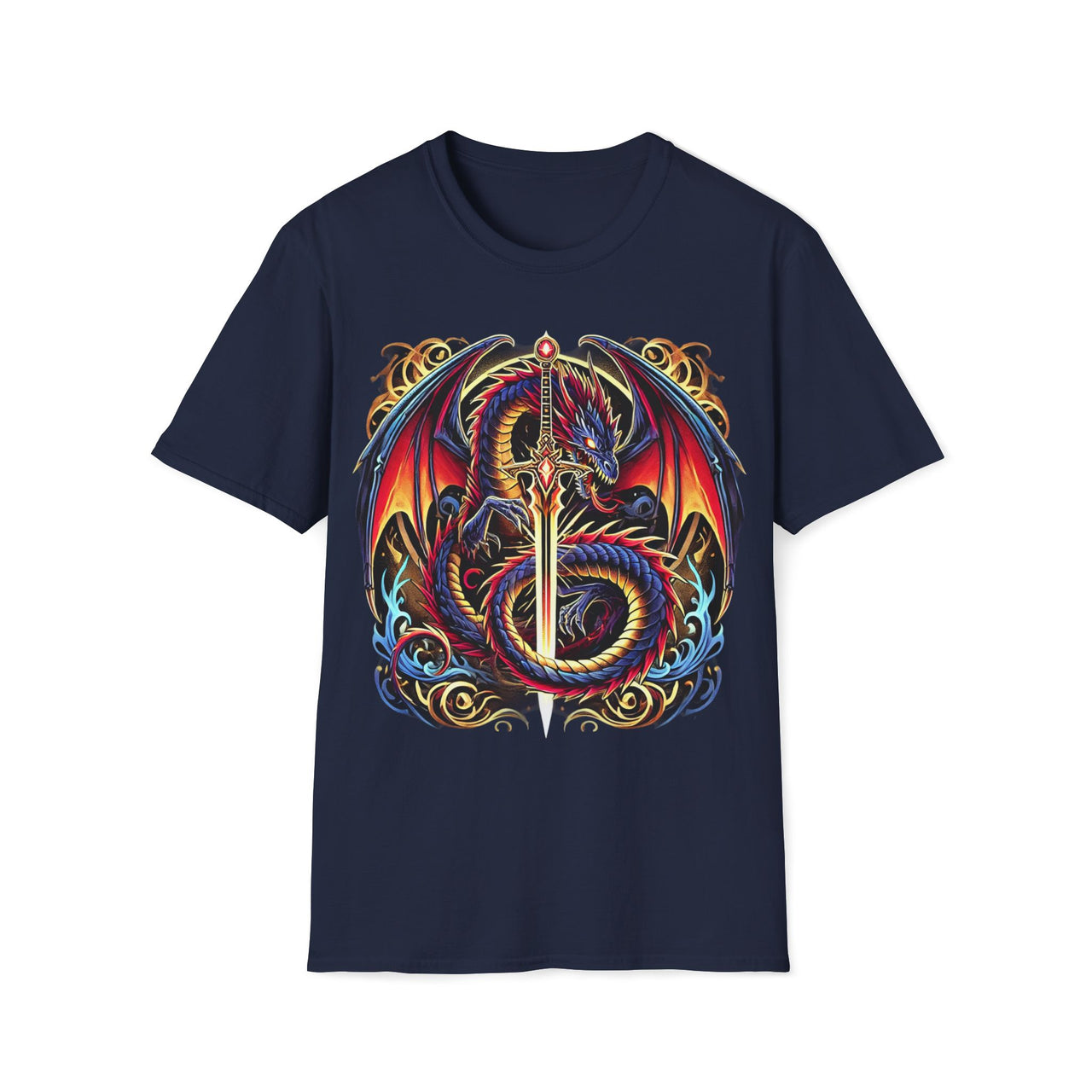 Macabre Threads Navy Arcane Blade T-Shirt – Gothic Dragon Sword Design