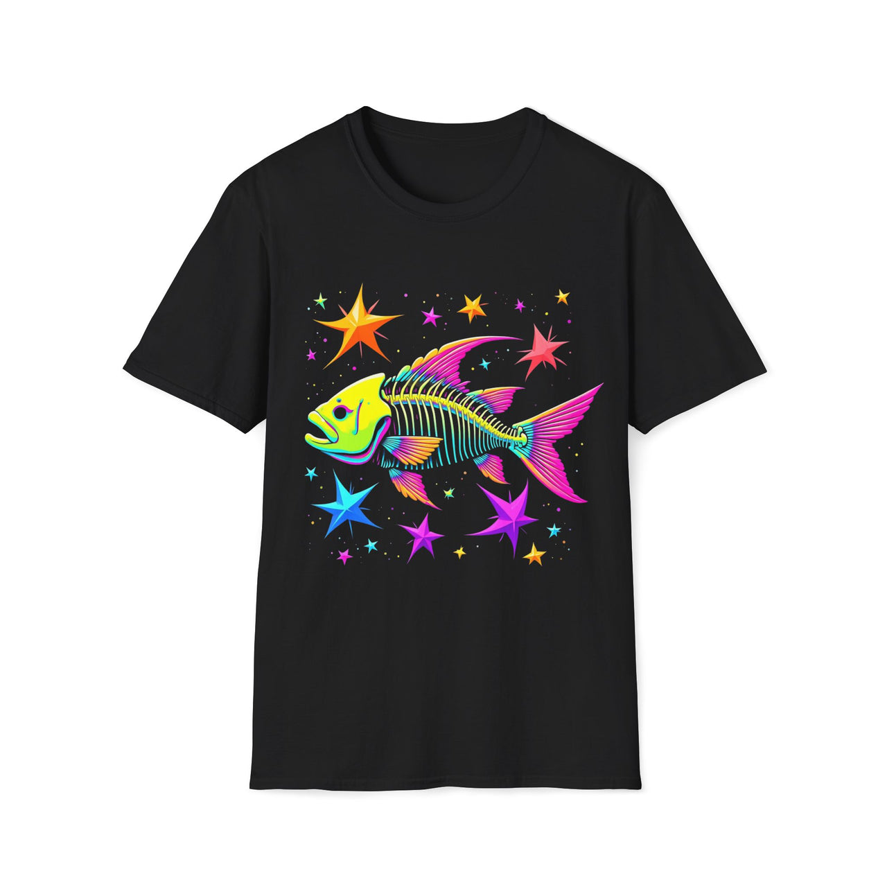 Macabre Threads Black Neon Filament T-Shirt – Psychedelic Fish Skeleton Design