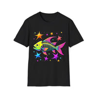 Macabre Threads Black Neon Filament T-Shirt – Psychedelic Fish Skeleton Design