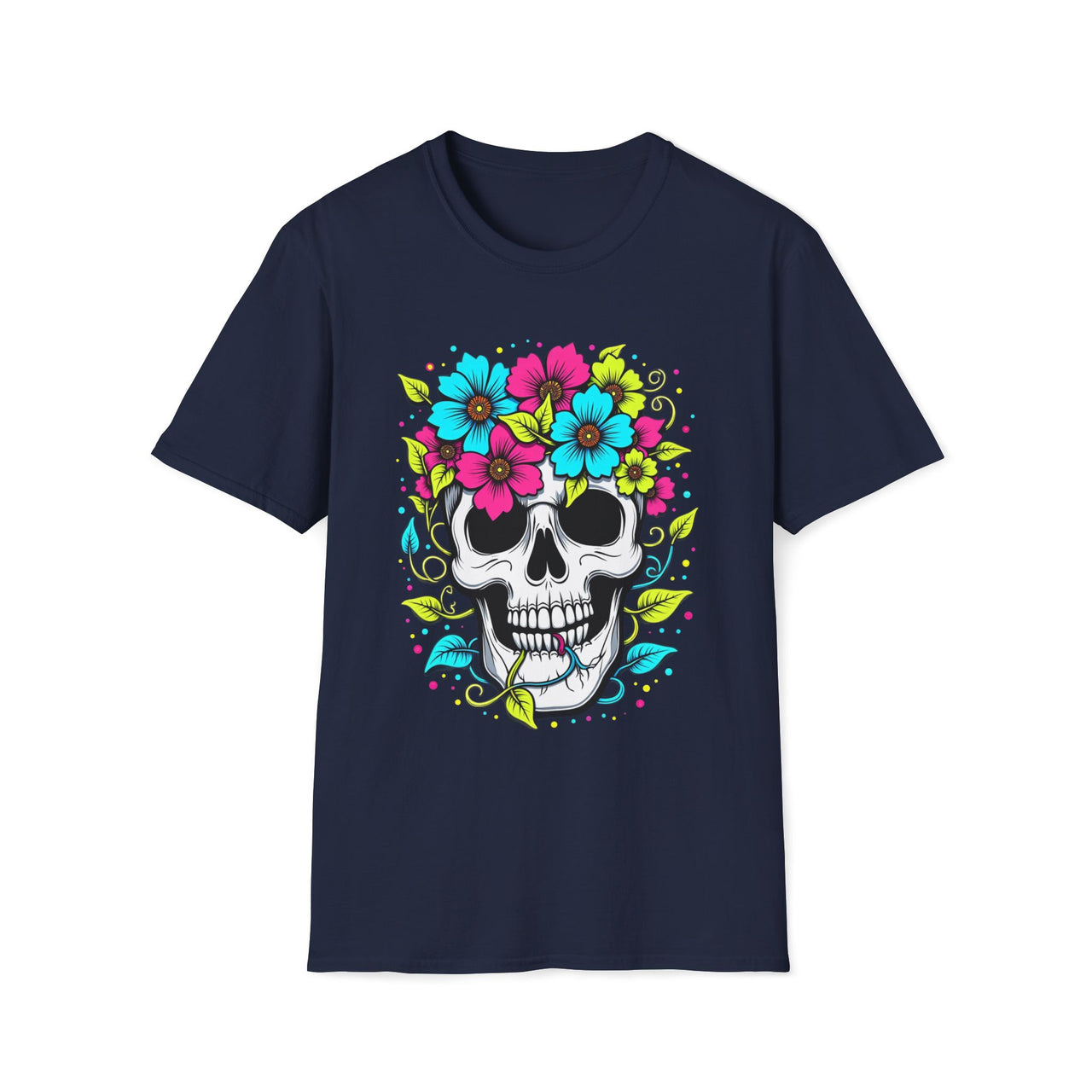 Macabre Threads Navy Floral Spiral Flower Crown Skull T Shirt – Colorful Gothic Tee