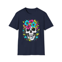 Macabre Threads Navy Floral Spiral Flower Crown Skull T Shirt – Colorful Gothic Tee