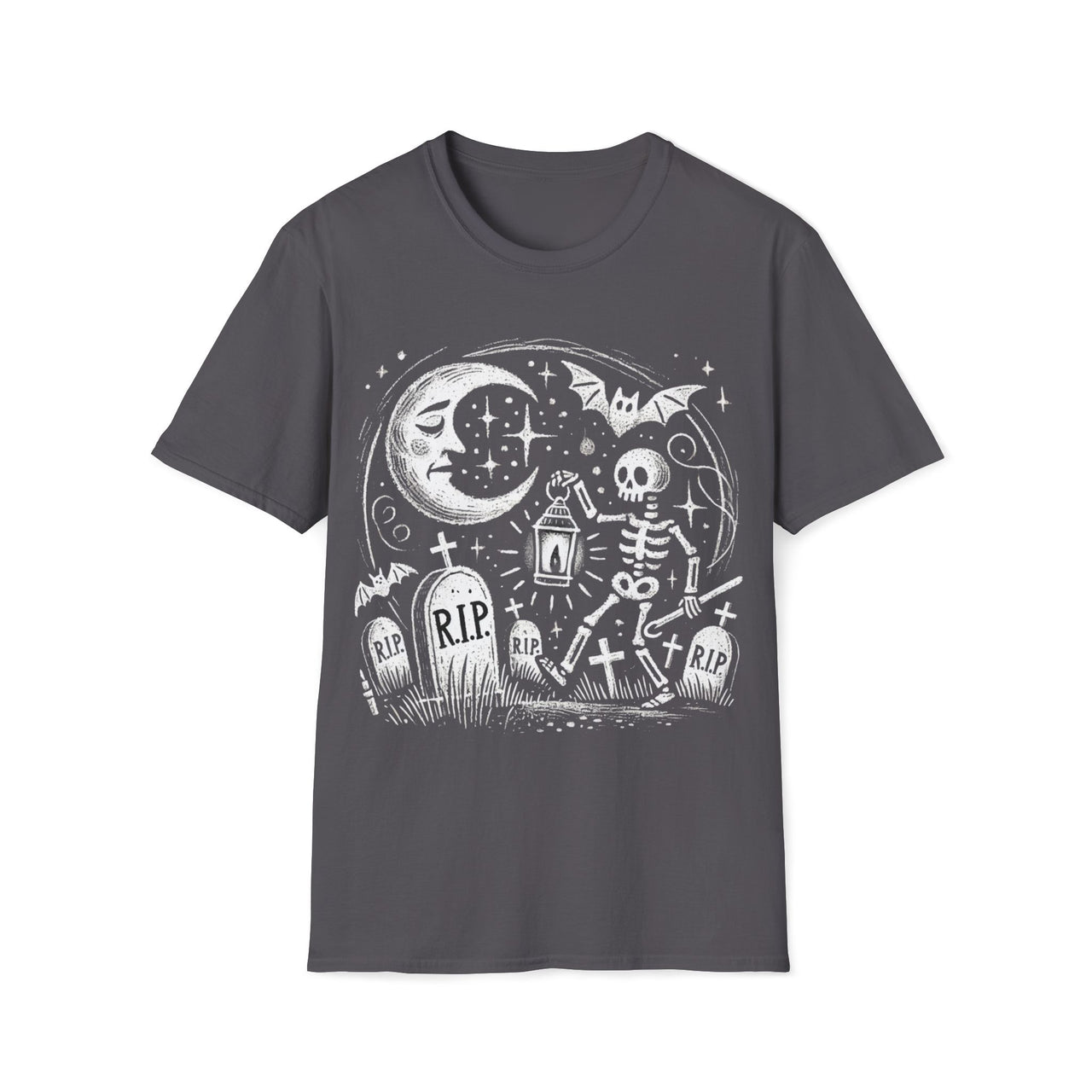 Macabre Threads Charcoal Lantern’s Glow T-Shirt – Gothic Skeleton Graveyard Design